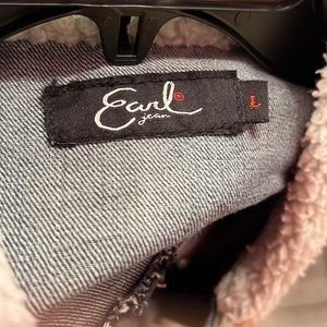 Ladies Distressed Denim Jacket with Faux Sheepskin Trim on Collar & Sleeves